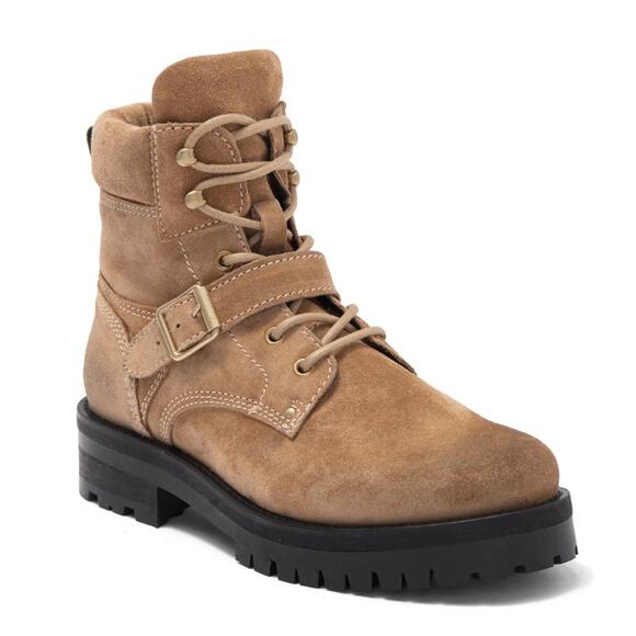 AllSaints Paulina Women Tan Moto Boot Sz 8 Leather Lace-Up Platform Lug Sole New - Picture 2 of 10